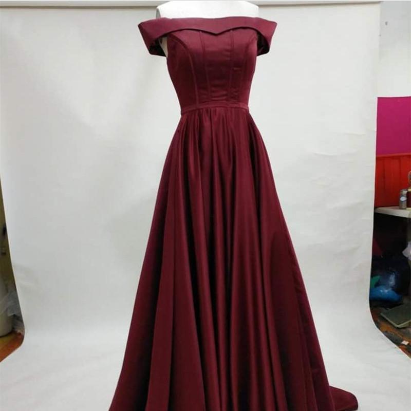 Long Burgundy Satin Evening Gowns Off The Shoulder Prom Dresses 2018