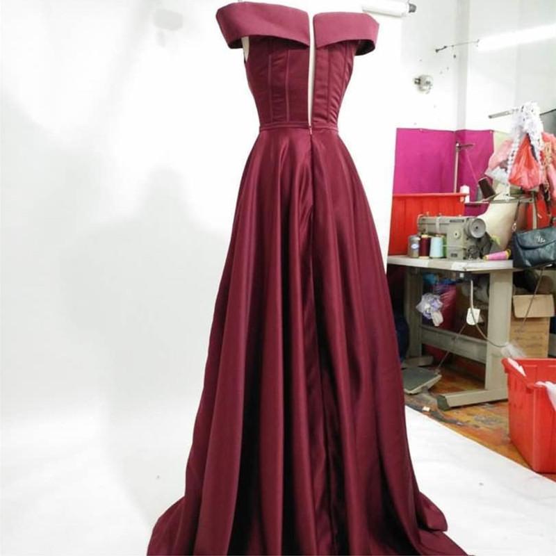 Long Burgundy Satin Evening Gowns Off The Shoulder Prom Dresses 2018