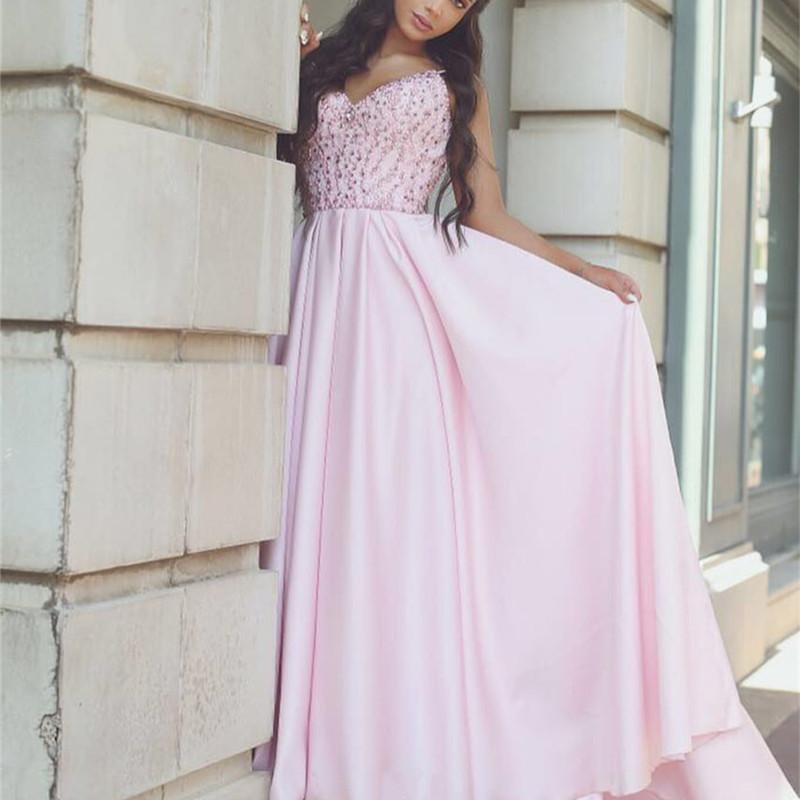 Pretty Pink Satin Evening Gowns Beaded V Neck Long Prom Dresses 2018