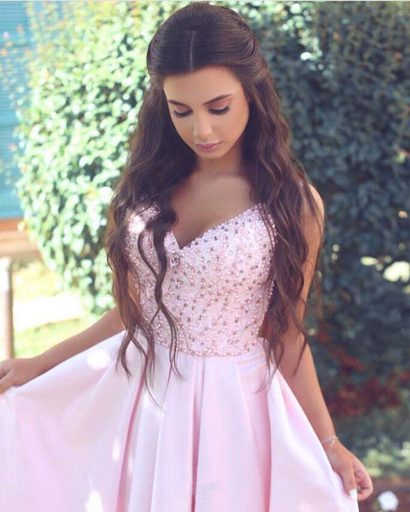 Pretty Pink Satin Evening Gowns Beaded V Neck Long Prom Dresses 2018