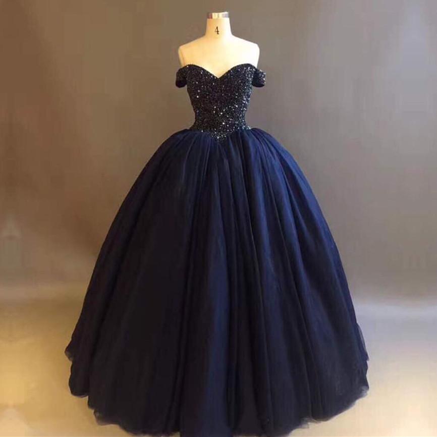 Bling Bling Crystal Beaded Bodice Corset Navy Blue Ball Gowns Wedding Dresses Off The Shoulder