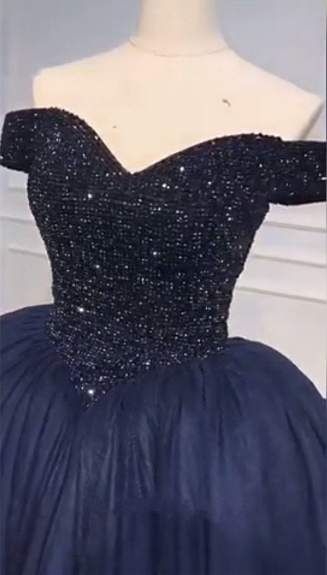 Bling Bling Crystal Beaded Bodice Corset Navy Blue Ball Gowns Wedding Dresses Off The Shoulder