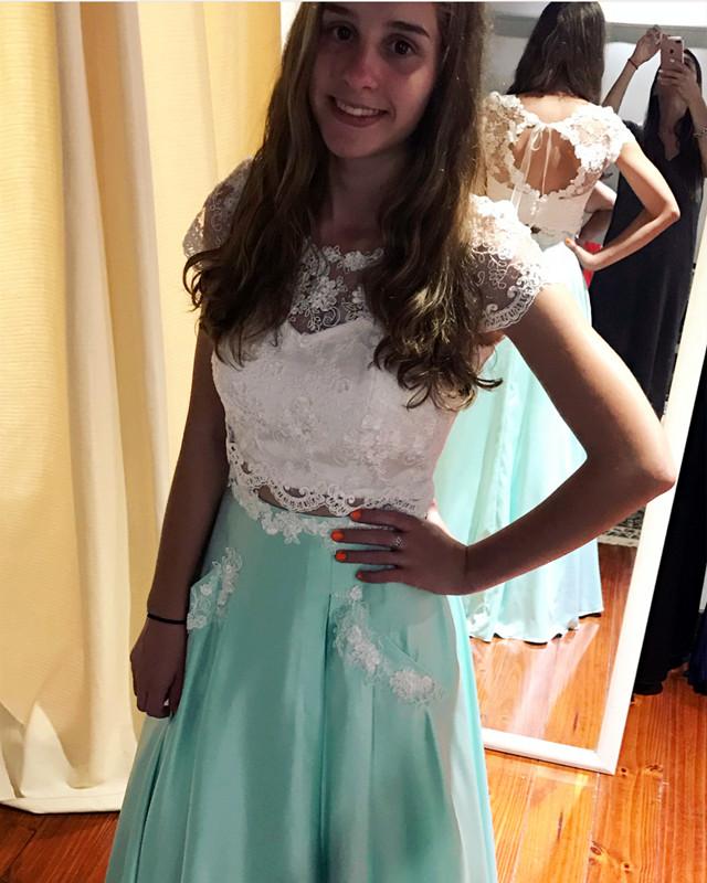 White Lace Crop Floor Length Satin Two Piece Prom Dresses