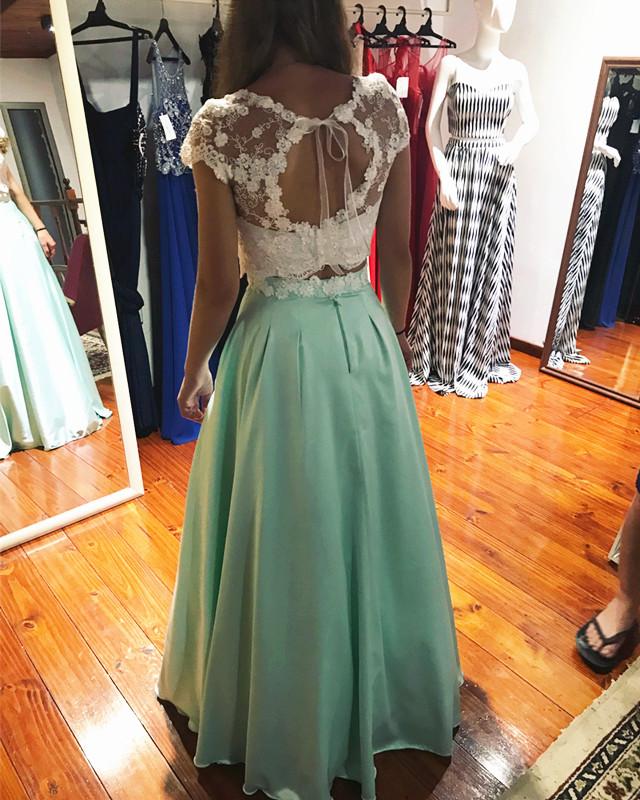 White Lace Crop Floor Length Satin Two Piece Prom Dresses