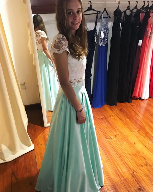 White Lace Crop Floor Length Satin Two Piece Prom Dresses