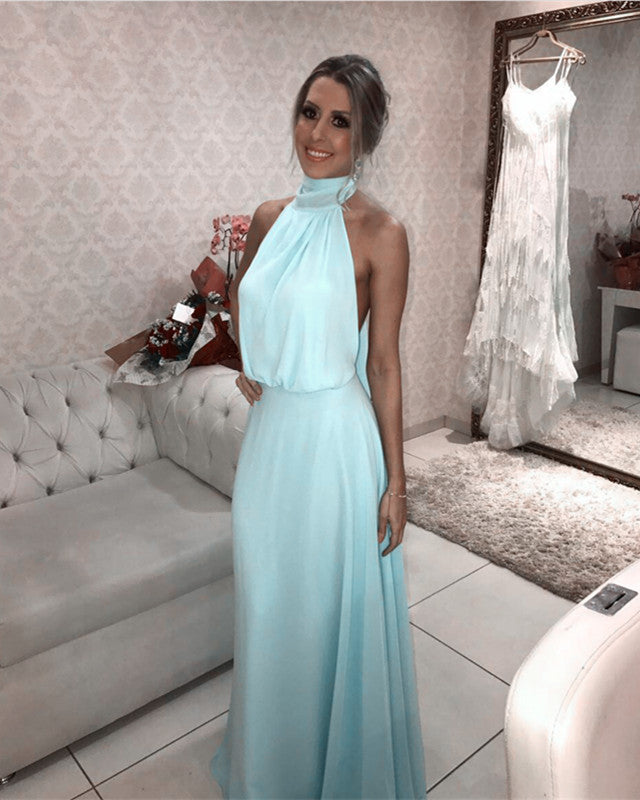 Baby Blue Chiffon Halter Prom Dresses Long Backless Evening Gowns