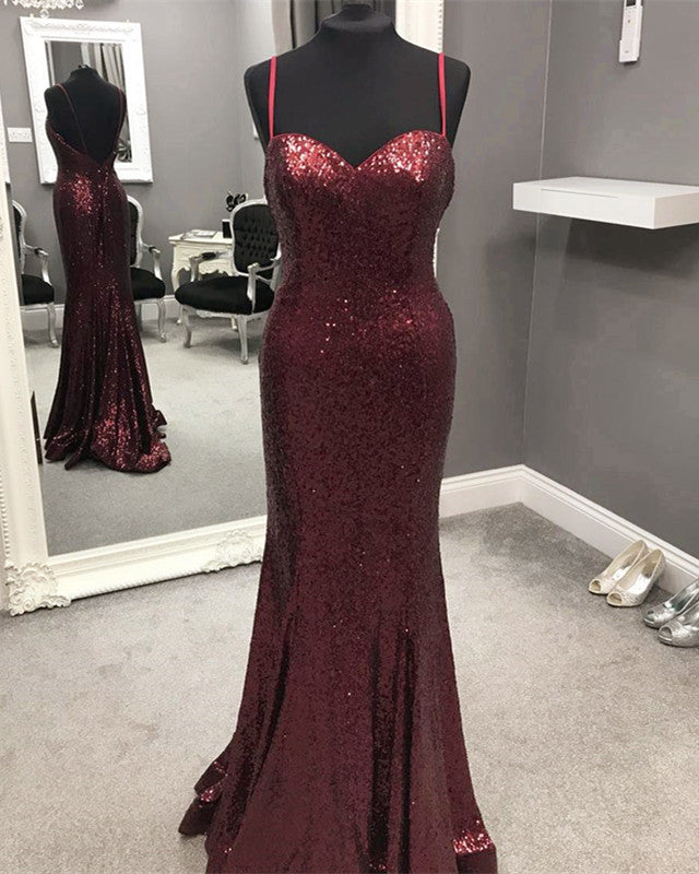 Spaghetti Straps Sweetheart Mermaid Sequins Prom Dresses 2018