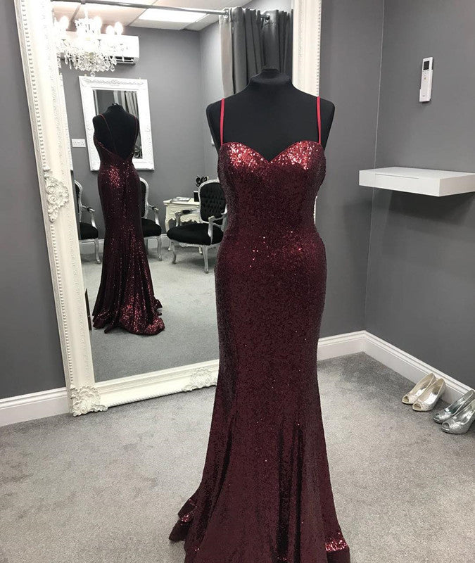 Spaghetti Straps Sweetheart Mermaid Sequins Prom Dresses 2018