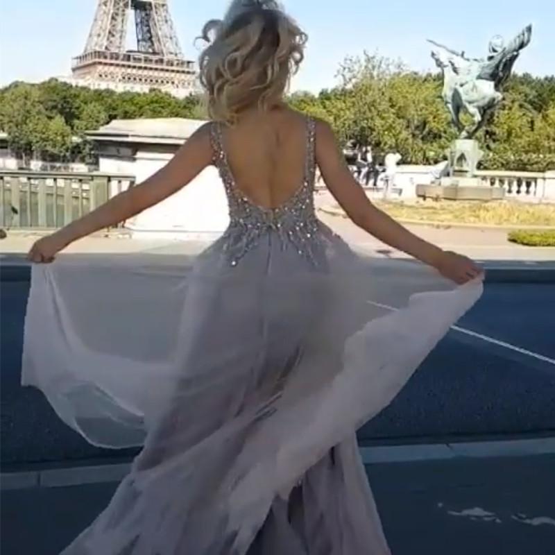 Sequins Beaded V Neck Gray Tulle V Neck Long Evening Gowns