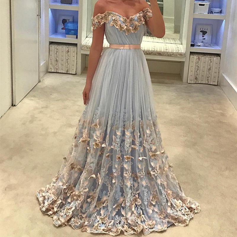 Light Blue Tulle Off The Shoulder Evening Gowns Lace Embroidery Prom Dresses
