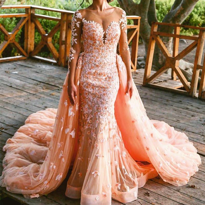 Peach Lace Long Sleeves Mermaid Prom Dresses Removable Skirt