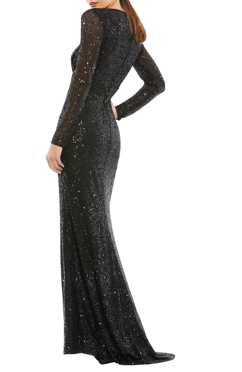 Elegant V-neck sequin long sleeved and floor length front slit evening dress