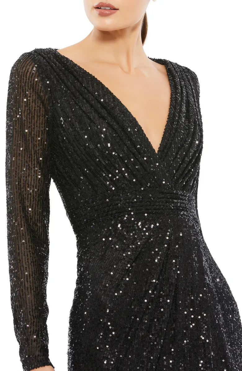 Elegant V-neck sequin long sleeved and floor length front slit evening dress