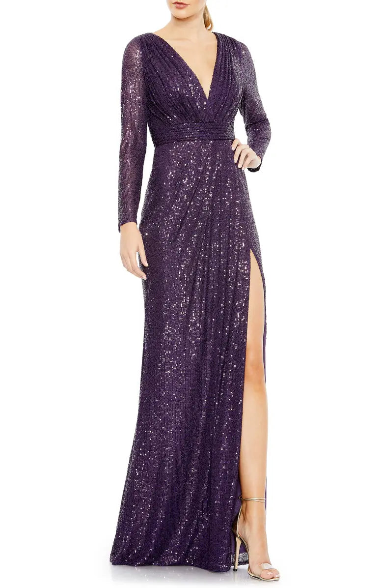Elegant V-neck sequin long sleeved and floor length front slit evening dress
