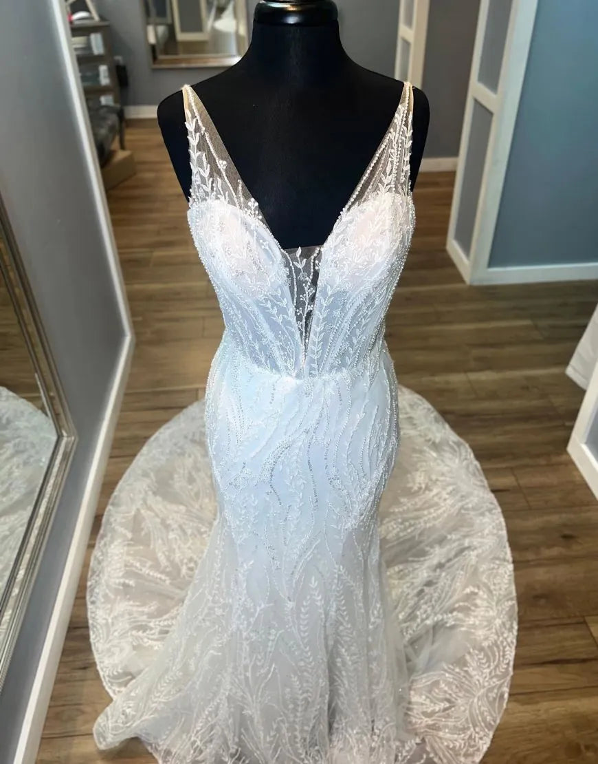 Aimishang Wedding Dress Mermaid V-Neck Court Train Open Back Lace