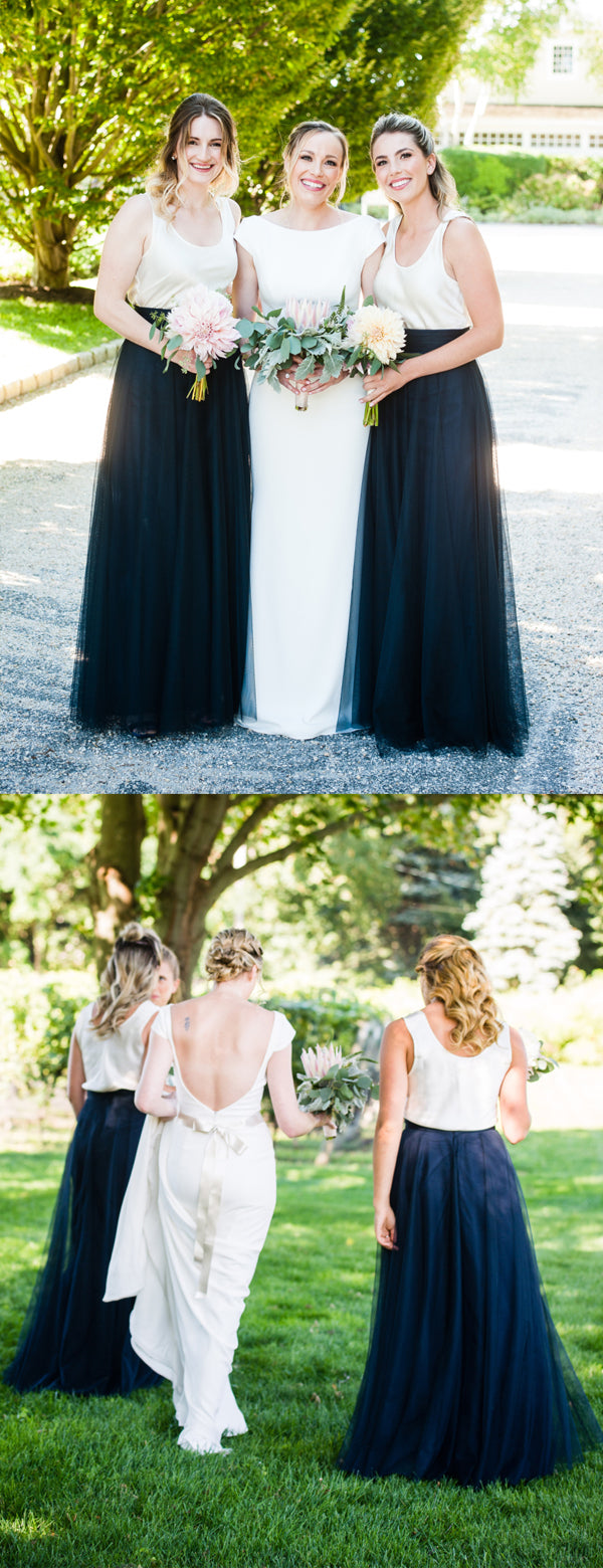 Ivory Jersy Top Navy Tulle Scoop Neck A-line Bridesmaid Dresses,DB143