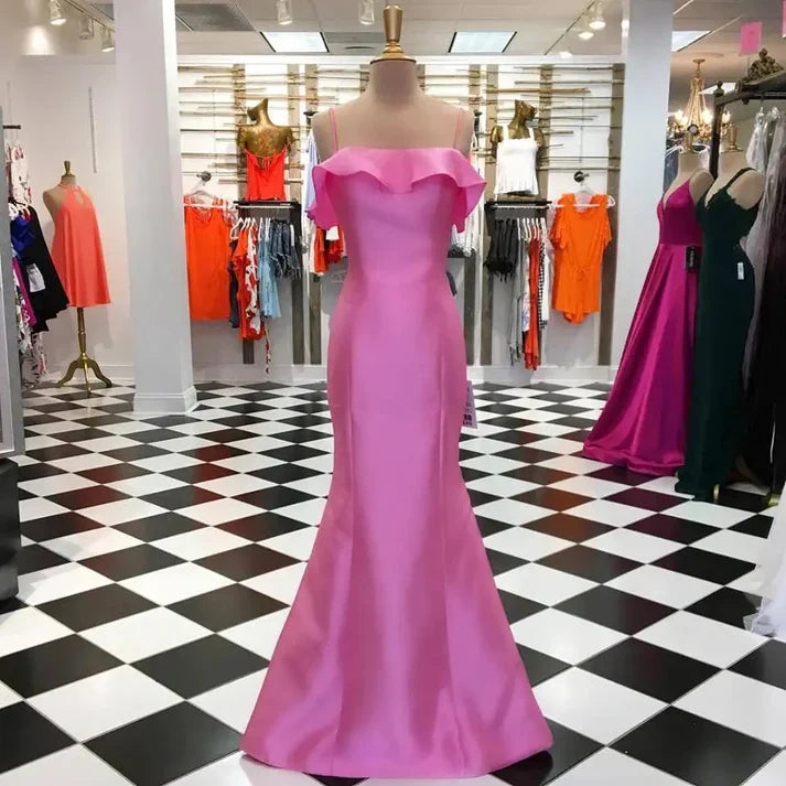 Candy Pink Elegant Straps Ruffles Mermaid Long Prom Dress Charming Evening Party Dress Wholesale