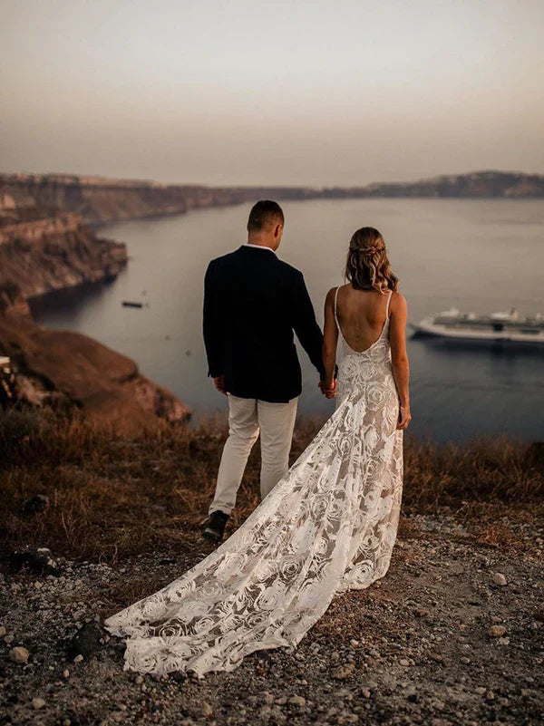 Sexy Backless Sheath Wedding Dresses Lace Long Bridal Gowns Floor Length Charming