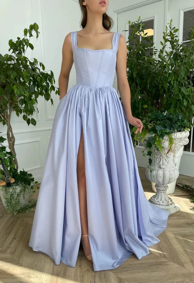 Wholesale Modest Square Neck A-Line Evening Dress Satin Prom Dresses Elegant Party Dress