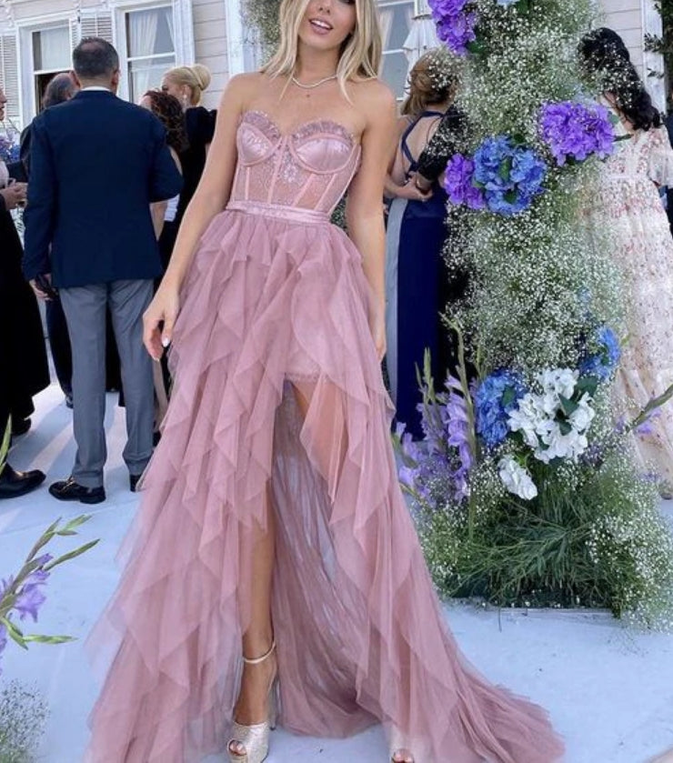 Dusty Pink Sweetheart Strapless A-Line Ruffles Long Party Dress Prom Dress Charming Evening Dress Wholesale