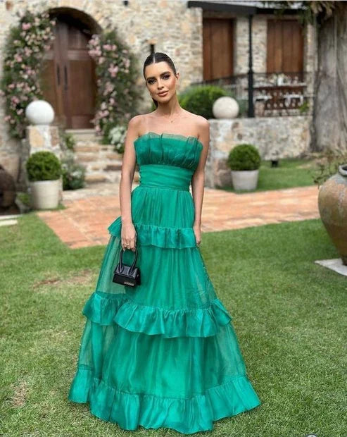 Aimishang Green A-Line Off Shoulder Strapless Tiered Long Prom Dress Party Dress