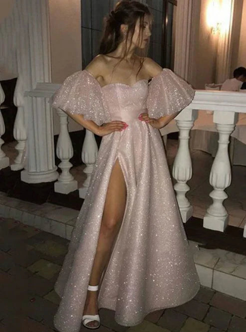 Wholesale Pink Tulle Sequins Off the Shoulder Prom Dress With Split Charming Evening Party Dress
