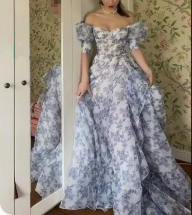 Floral Short Sleeves A-Line Chiffon Long Prom Dress Off Shoulder Charming Evening Dress Wholesale