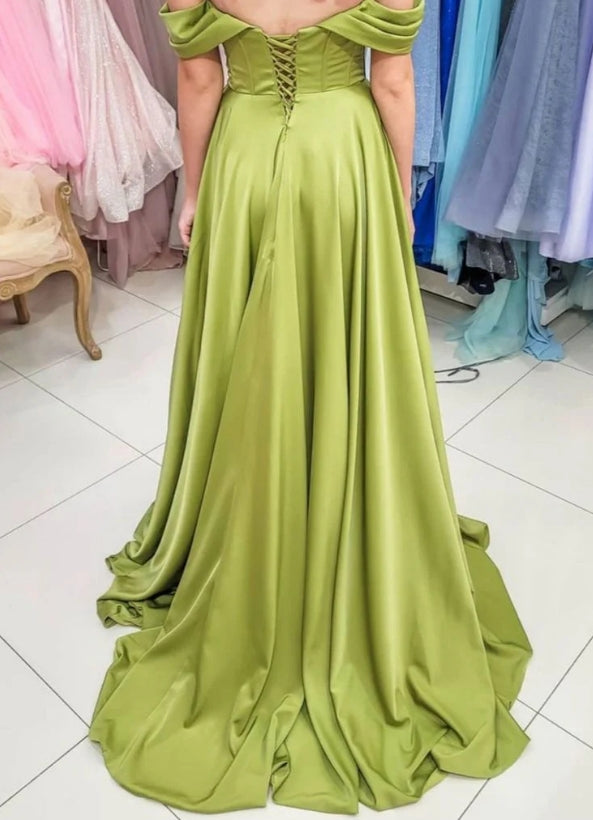 Green Off Shoulder Backless A-Line Long Prom Dress Sexy Evening Dress Wholesale