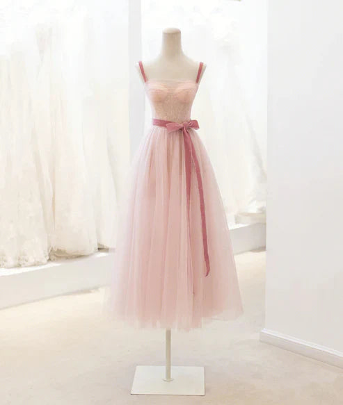 Wholesale A Line Straps Pink Tulle Lace Short Prom Dress Homecoming Party Dress
