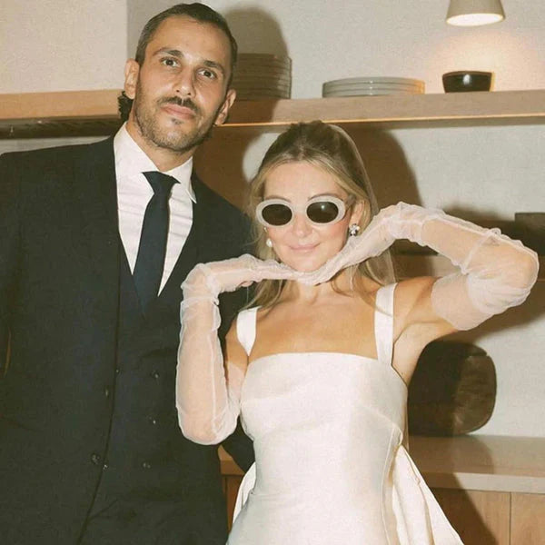 Aimishang Elegant Square Neck Satin Short Wedding Dress with Bow Back Simple Party Dress No With Gloves