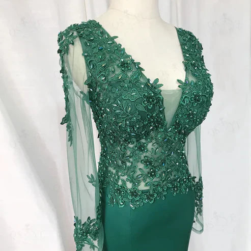 Green Long Sleeves Appliques Mermaid Formal Prom Dress Elegant Evening Dress Wholesale