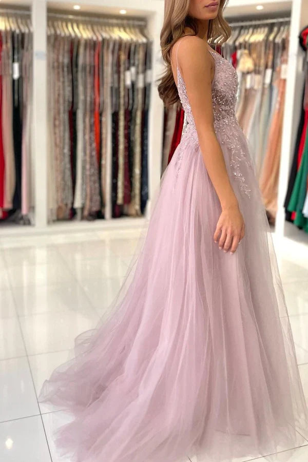 Beadings Spaghetti Strap Tulle A Line Evening Dress Prom Dress With Slit december wedding guest dress