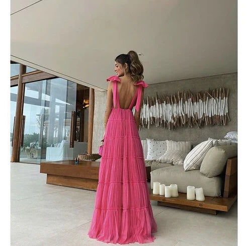 Aimishang A-Line Backless Long Prom Dress V-Neck Formal Gown Charming Evening Dress