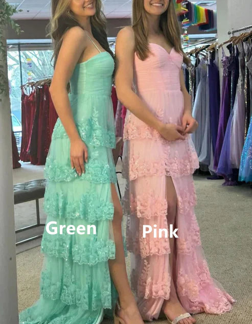 Aimishang Pink Spaghetti Straps Tiered Long Prom Dress with Slit Charming Evening Dress Wholesale