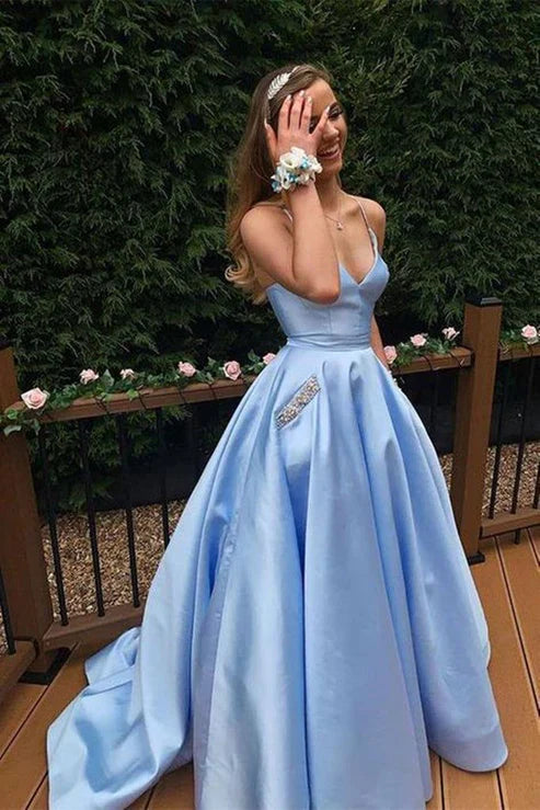 Wholesale A Line V Neck Blue Satin Long Prom Dresses Charming Evening Party Dress