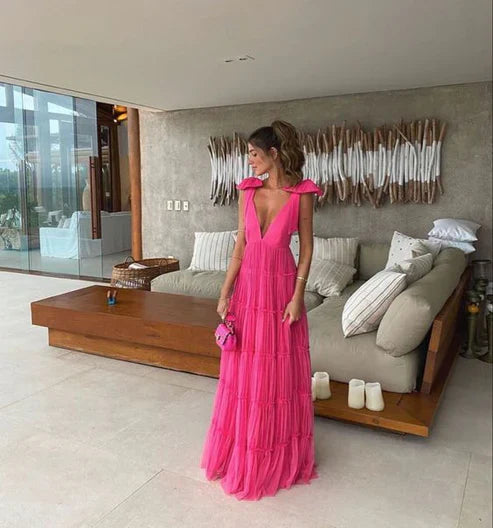 Aimishang A-Line Backless Long Prom Dress V-Neck Formal Gown Charming Evening Dress
