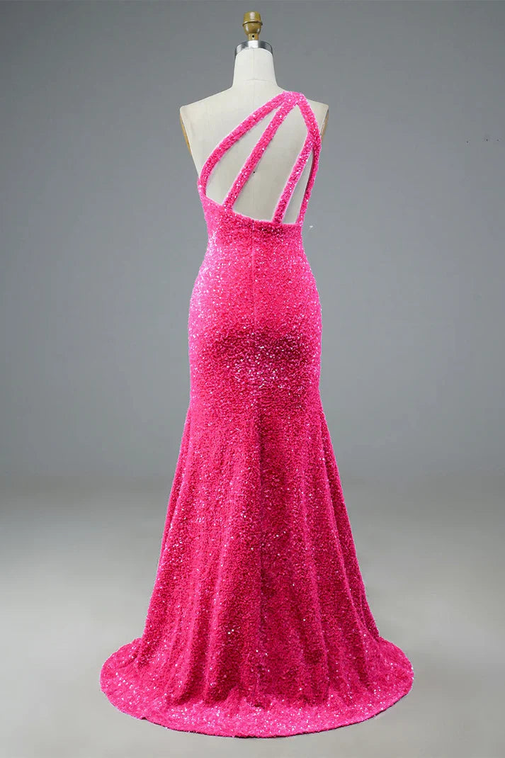 Wholesale One Shoulder Fuchsia Sequin Long Prom Dress Evening Party Dress with Slit