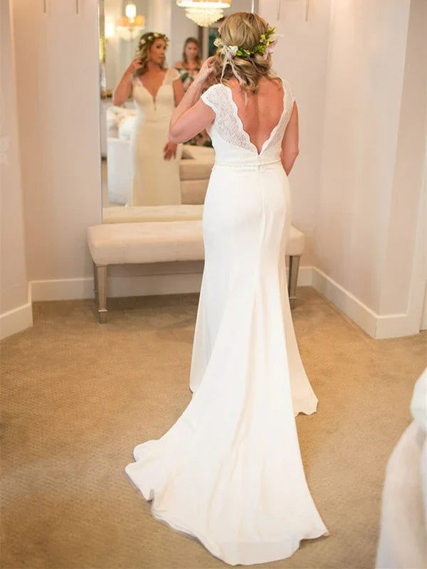 Wonderful V-neck Mermaid Wedding Dresses Satin Bridal Gowns Floor Length Elegant