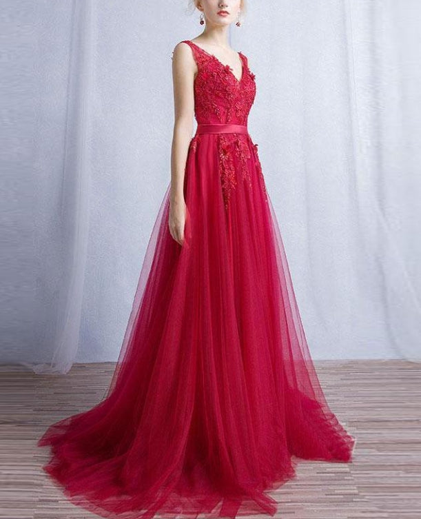 A-line V-neck Sweep Train Tulle Appliqued Beaded Red Prom Dresses Charming Wholesale