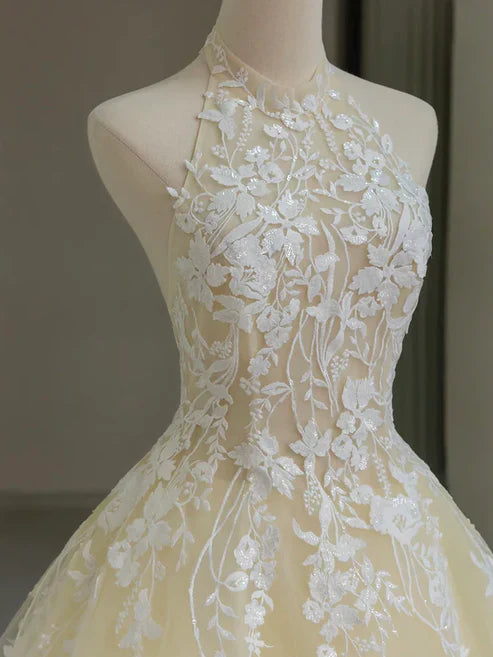 Wholesale A Line Halter Lace Tulle Long Sweep Train Prom Dress Evening Dress Charming