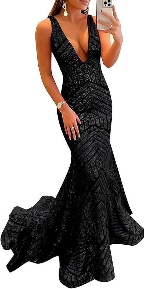 Aimishang Dress Wholesale Sequin Mermaid Prom Dresses Long Sparkly Evening Gown Deep V Neck Backless Formal Party Gowns