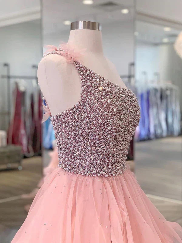 Aimishang One-shoulder Tulle Beaded Flower A-line Prom Dresses Floor Length Beautiful Wholesale