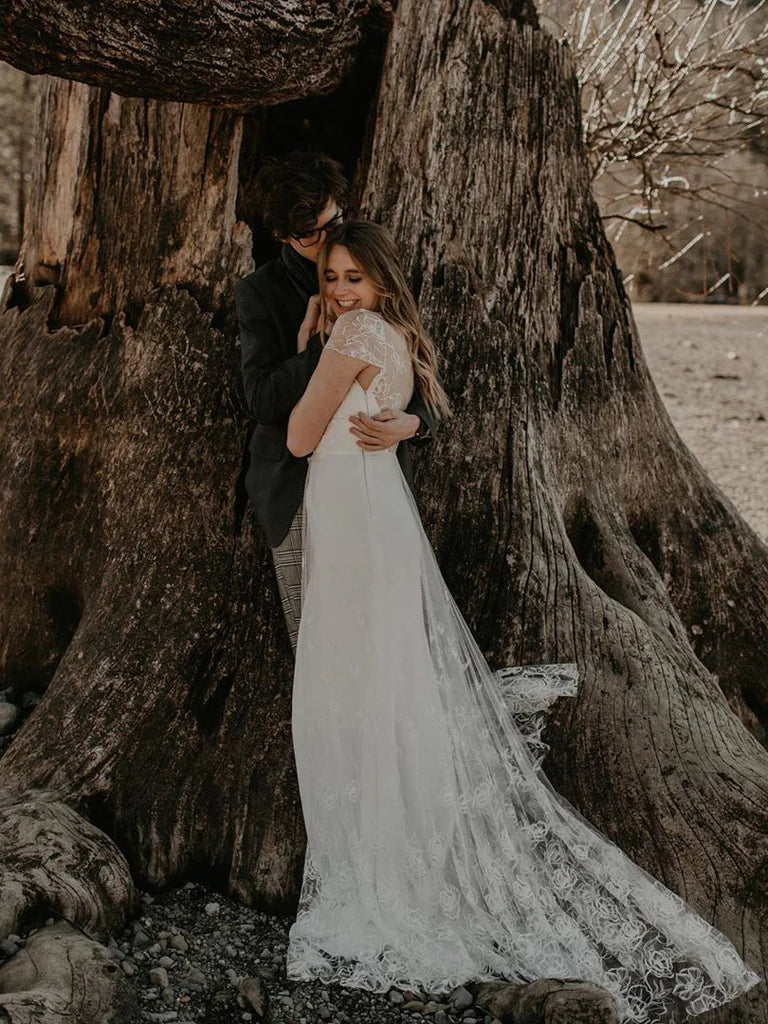 Fabulous Tulle Appliqued Mermaid V-Neck Cap Sleeves Sweep Train Wedding Dresses Beautiful