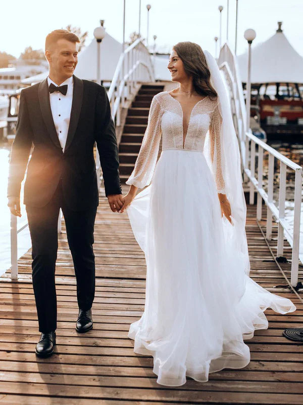 Fascinating Long Sleeves Deep V-neck Lace Backless A-line Wedding Dresses Sexy