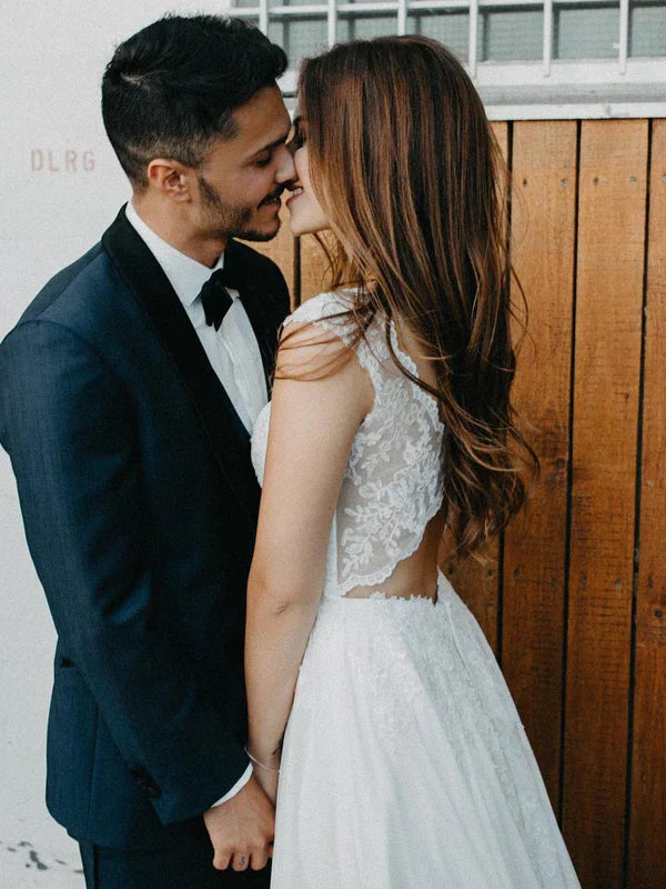 Simple A-line Chiffon Backless Sweep Train Wedding Dresses With Cap Sleeves Gown Elegant