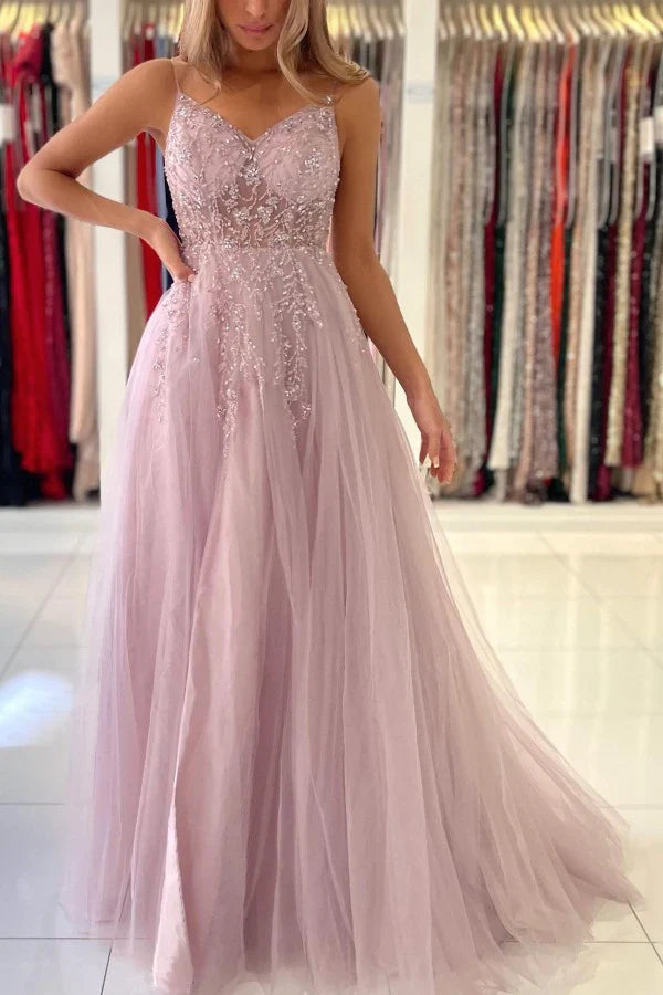 Beadings Spaghetti Strap Tulle A Line Evening Dress Prom Dress With Slit december wedding guest dress