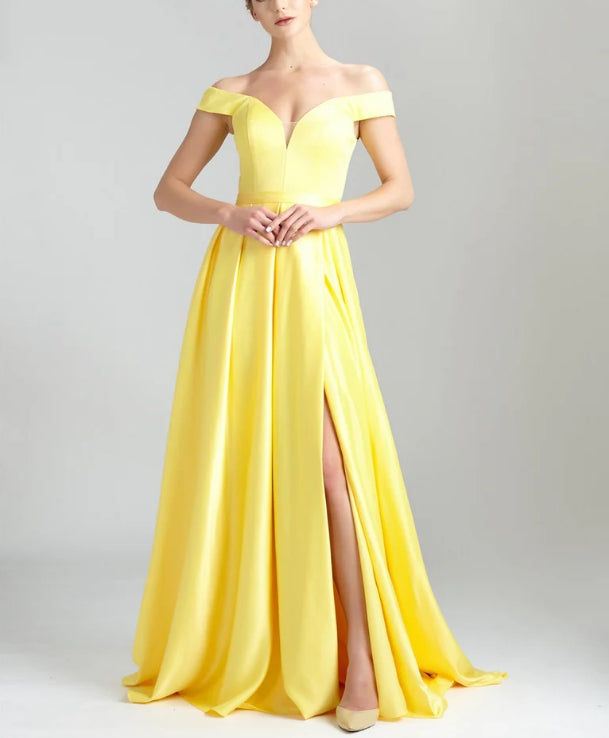 Simple Satin A-line Prom Dresses With Cap Sleeves And Slit Off Shoulder Elegant Evening Dress Wholesale