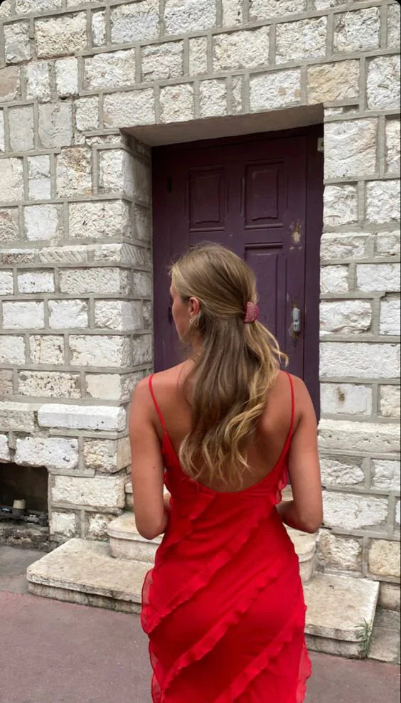 Red Spaghetti Straps Ruffle Mermaid Long Party Dress Wedding Guest Dress Evening Dress Formal Dress