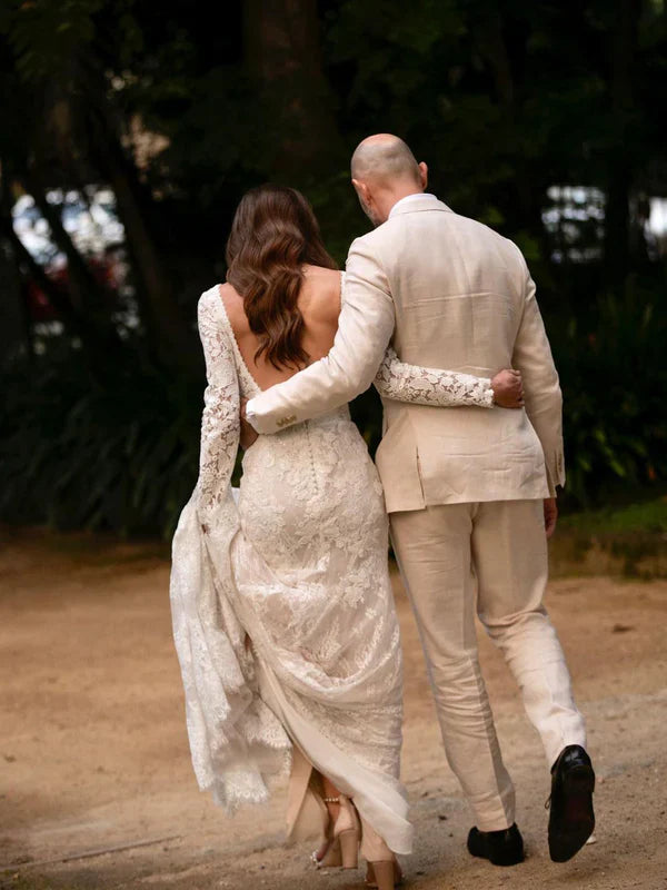 Delicate Lace Bateau Long Sleeves Chapel Train Sheath Wedding Dresses Elegant