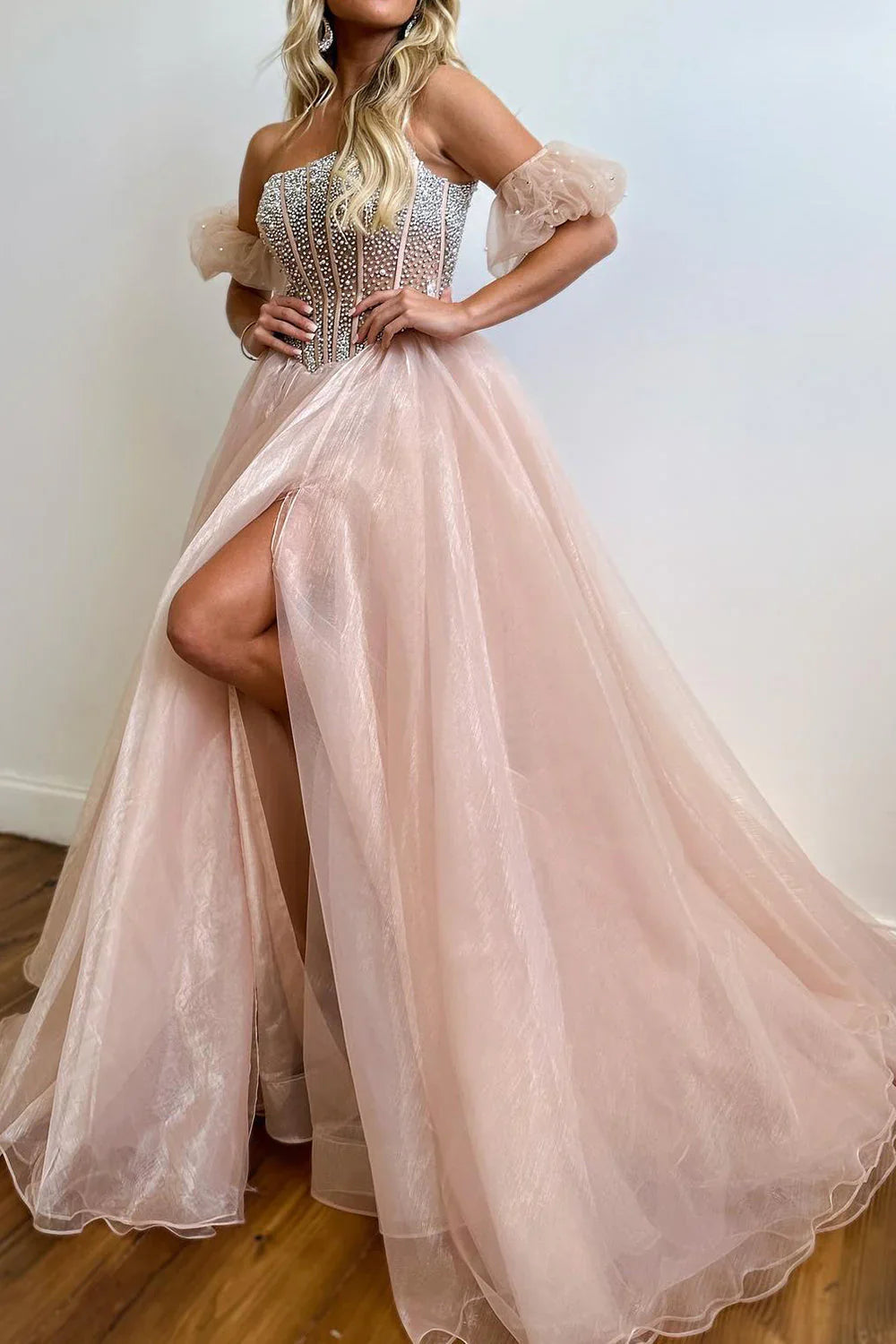 Pink A-Line Strapless Corset Beaded Prom Dress Off Shoulder With Slit Charming
